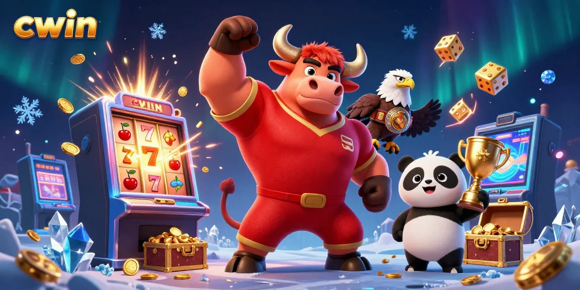 CWIN celebrates a jackpot moment with a bull mascot, eagle, and panda amidst casino excitement.