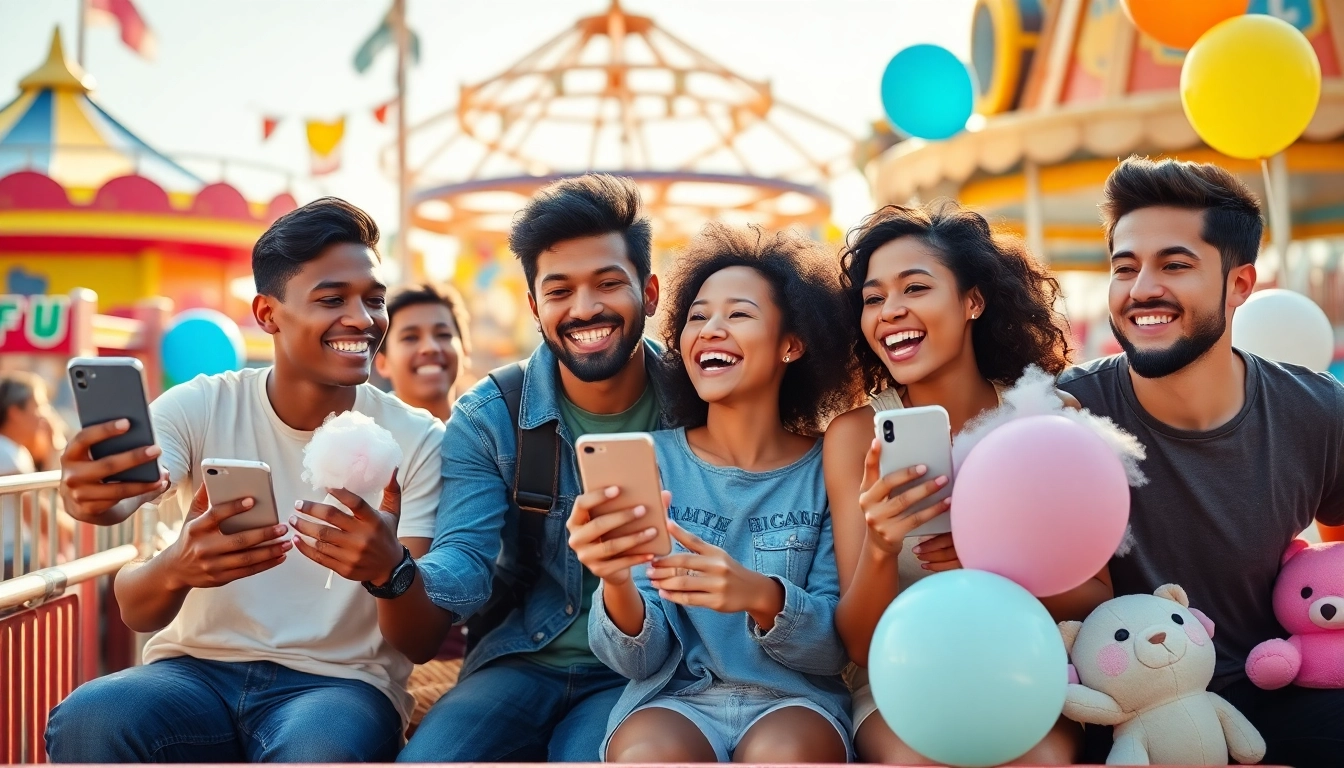 A joyful group enjoying fun activities at an amusement park, reflecting the spirit of OK FUN.