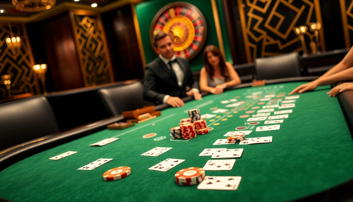 Engaging players enjoying a high-stakes game at BJ 888 blackjack table illuminated in an elegant casino atmosphere.