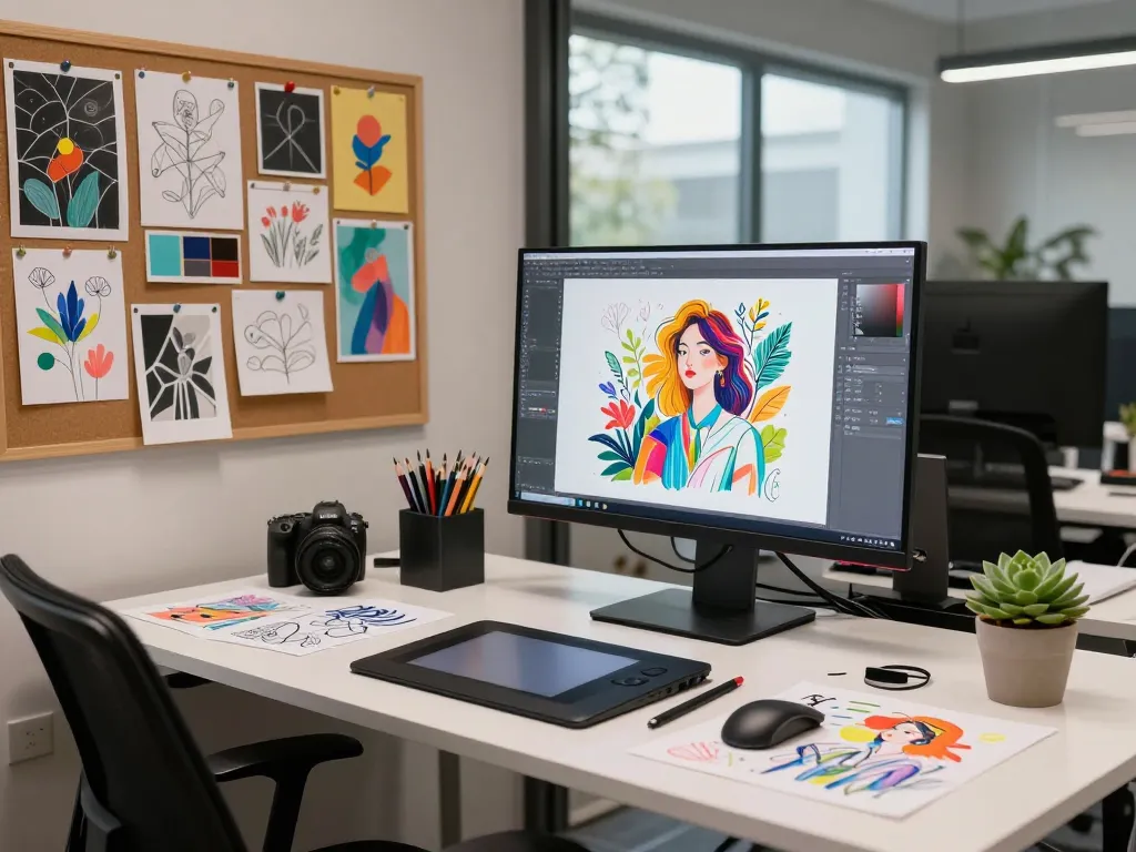 Artistic workspace with image to prompt generator tools for AI art creation, featuring colorful sketches, drawing tablet, and vibrant light.