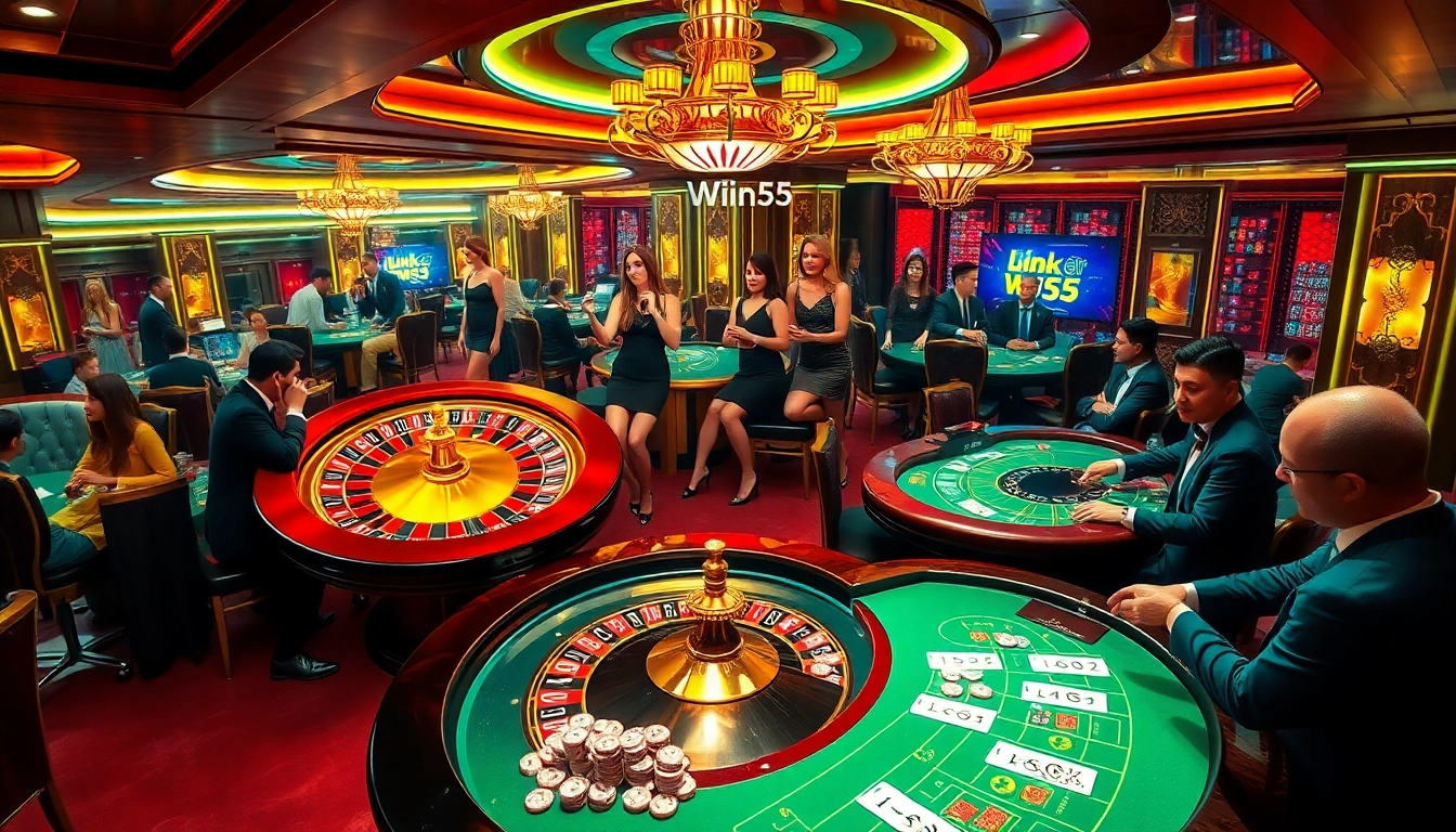 Engaged gamblers at a luxurious casino table experience link win55 excitement and high stakes.