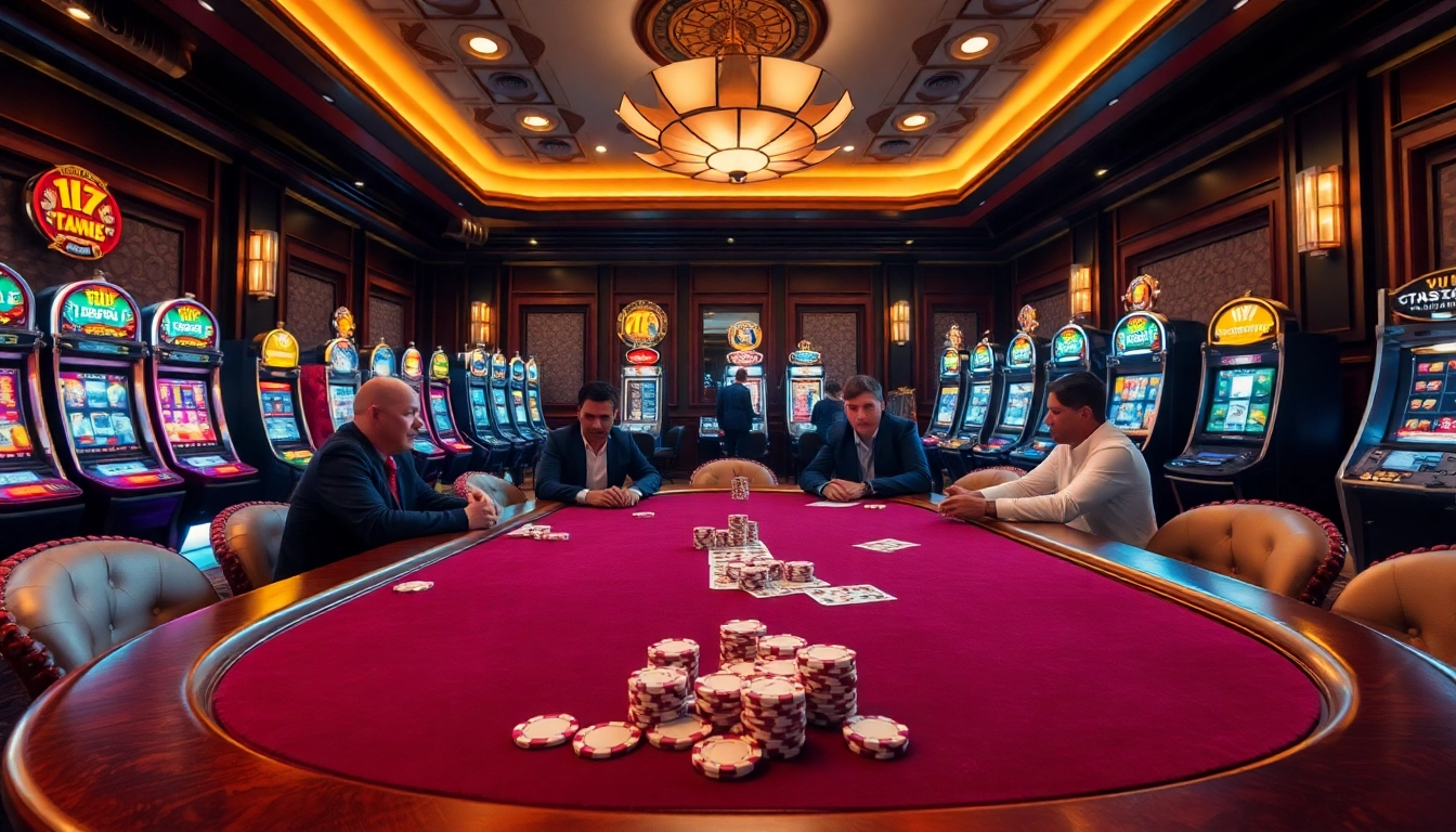 Experience thrilling gameplay at lc88 poker tables with vibrant slot machines around.