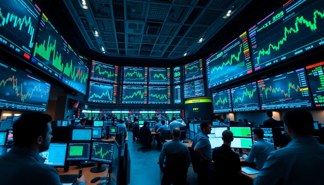 Traders analyzing financial data in sway markets on multiple screens.