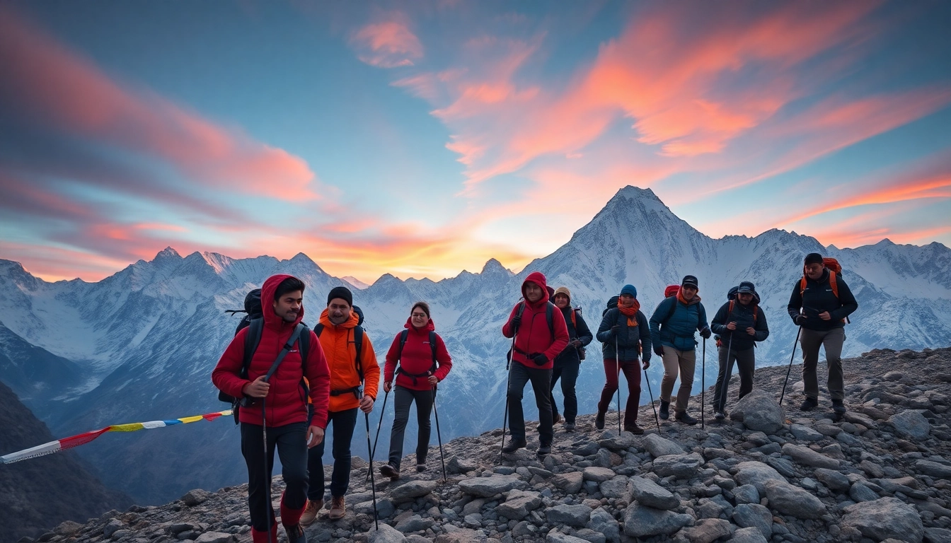 Everest base camp trek packages showcasing trekkers against stunning Himalayan landscapes at sunrise.