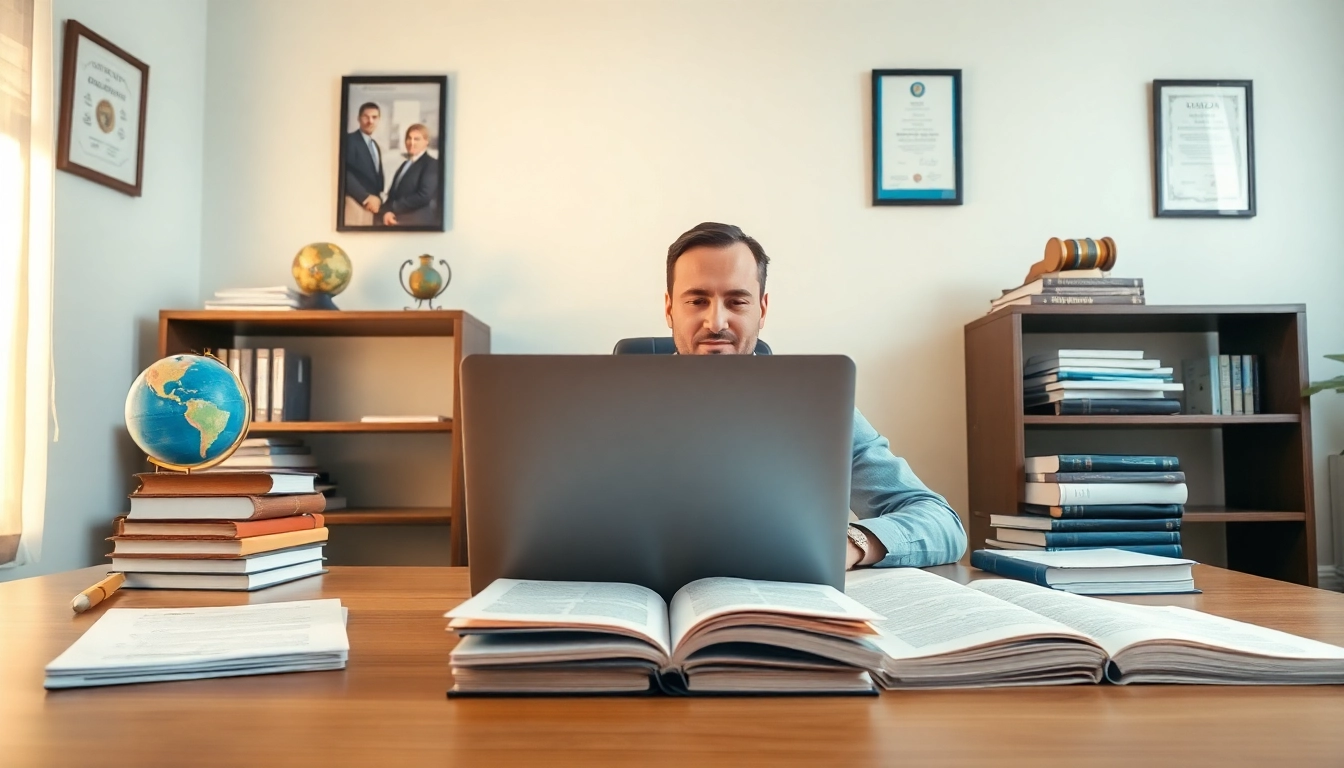 Sworn translator at a modern office desk with legal documents and a laptop.