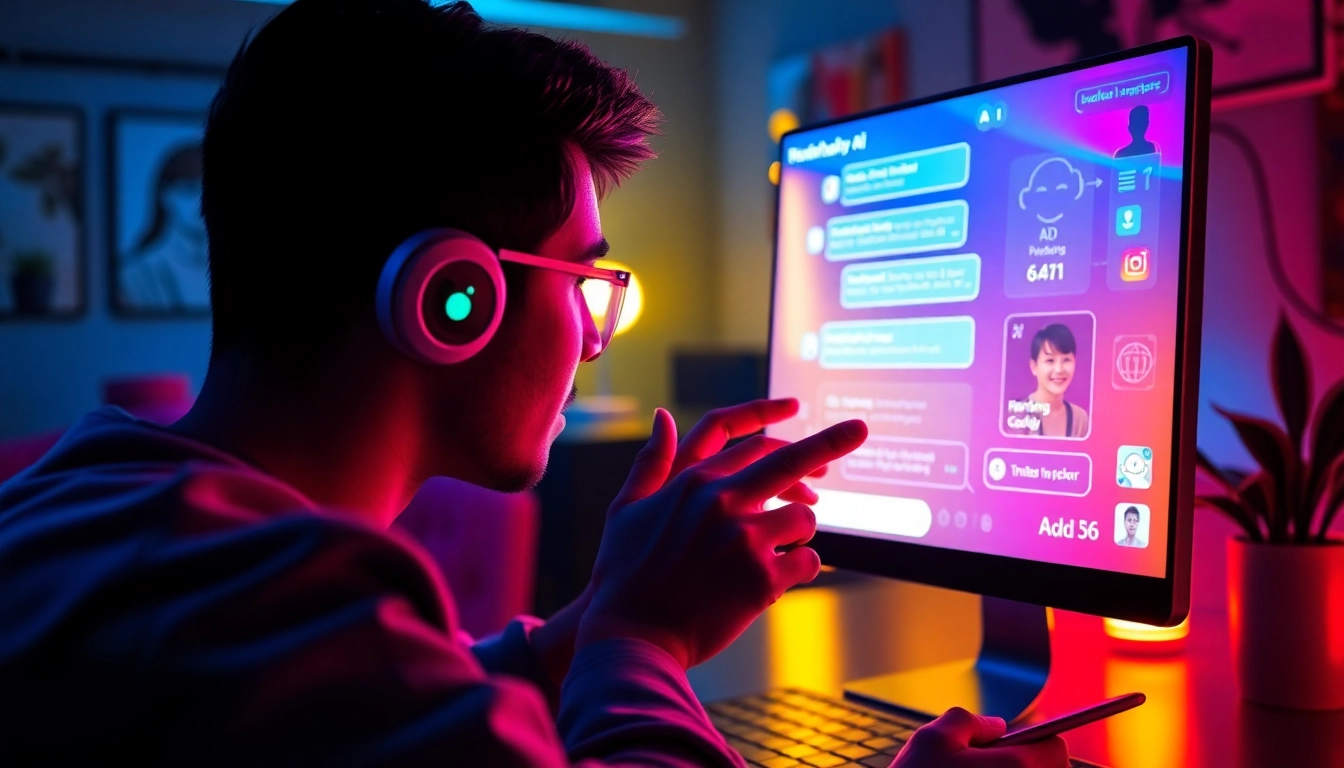 Interactive spicy ai chat scene with vibrant visuals and user engagement in a high-tech setting.