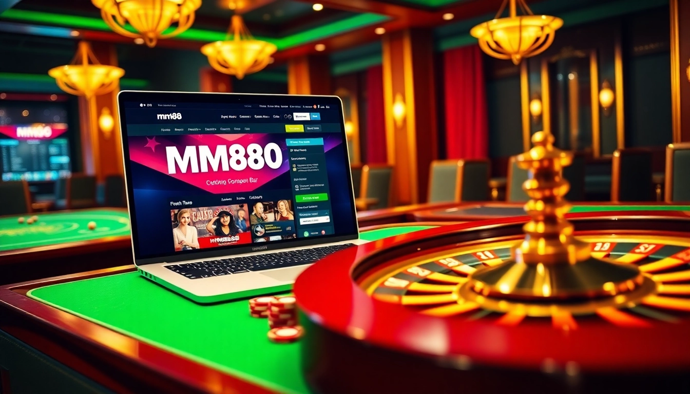 Experience thrilling online gambling at https://mm88.bar/ with luxury casino visuals including poker chips and tables.