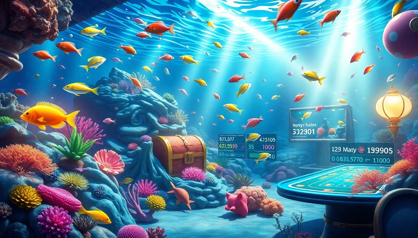 Bắn cá đổi thưởng game scene with vibrant marine life and casino elements highlighting excitement.