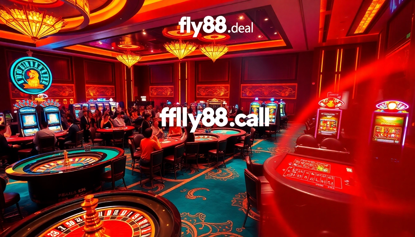 A dynamic casino scene with players enjoying games like poker and roulette at fly88.deal, highlighting luxury and excitement.