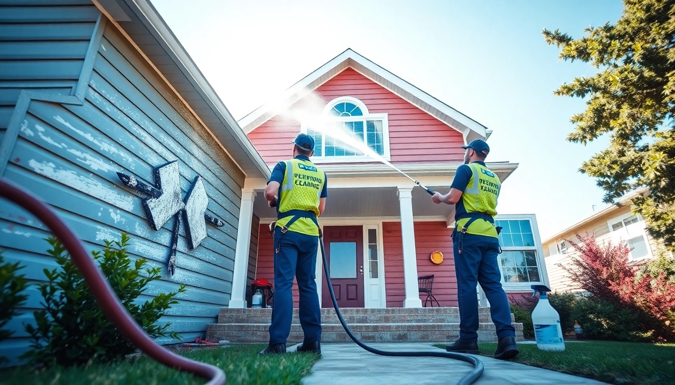 Professional team performing exterior cleaning on a residential property with pressure washers.