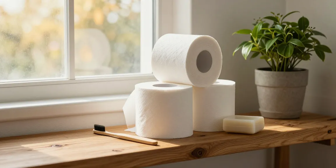 Bamboo toilet tissue rolls displayed in an eco-friendly bathroom with plants, showcasing sustainable choices.