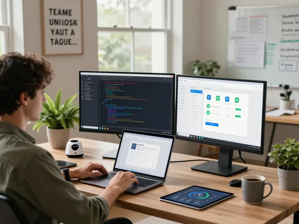 Developer utilizing clawbot AI assistant in a modern home office setup with dual monitors and productivity tools.