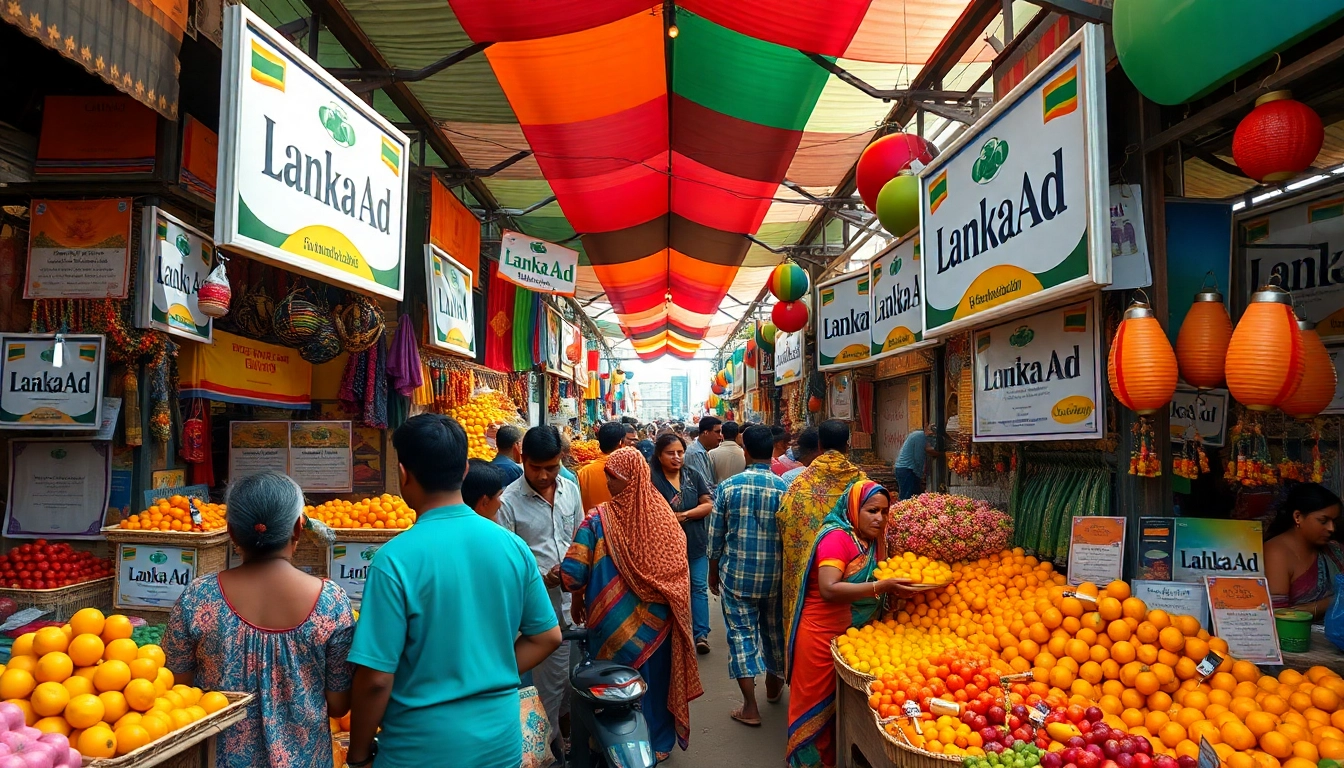 Lanka Ad vibrant marketplace showcasing colorful vendor advertisements in Sri Lanka.