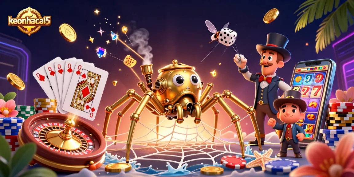 Engage with keonhacai5 through this vibrant illustration of golden spider and die in an immersive casino web.
