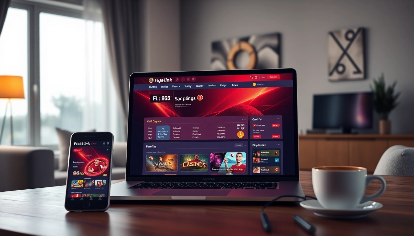 Dynamic modern betting interface with fly88 link displayed on a sleek laptop in a stylish home office.