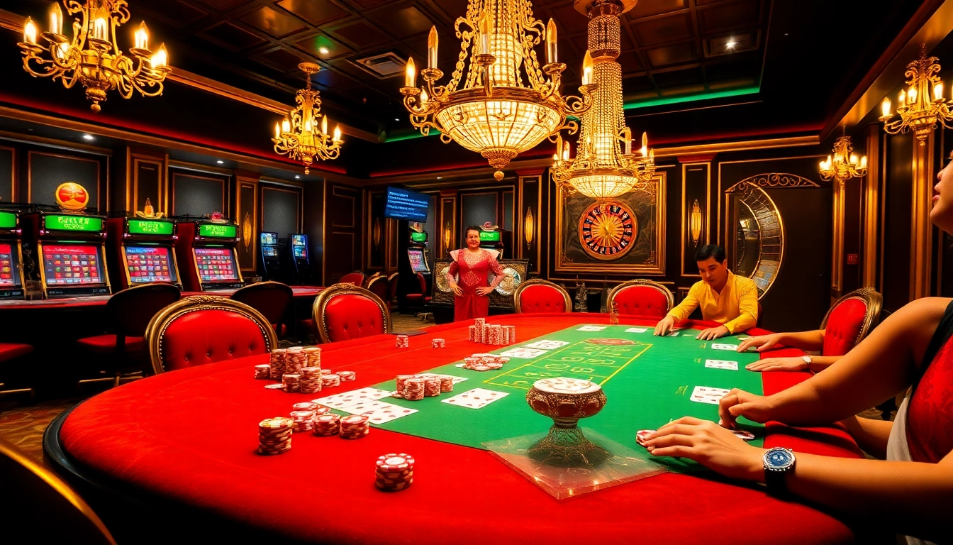 Players strategizing at 32Win casino poker table surrounded by vibrant chips and cards.