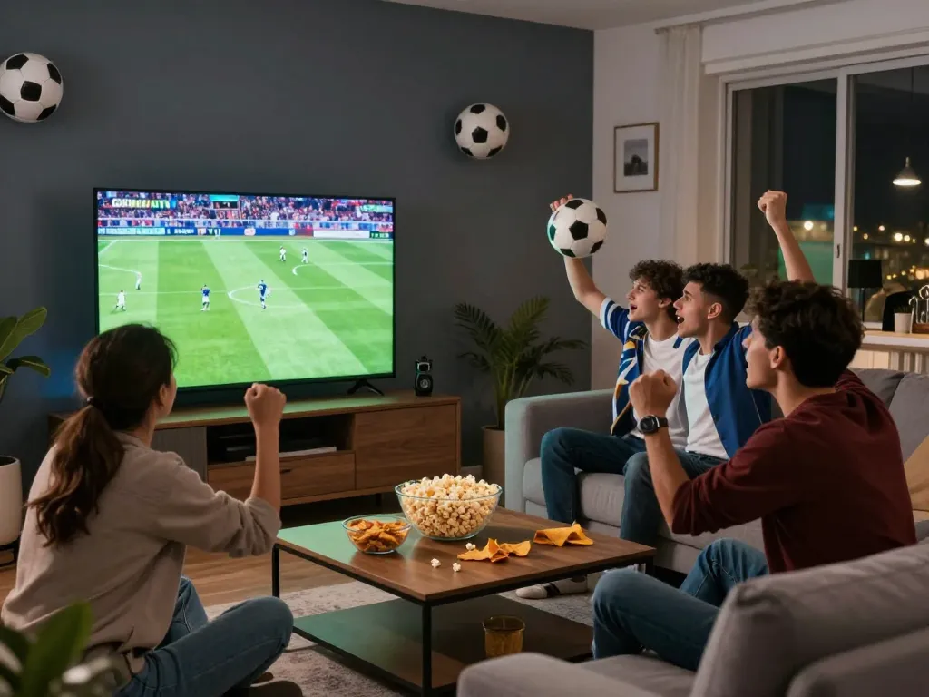 Cakhia TV viewing party with friends celebrating sports in a vibrant living room.