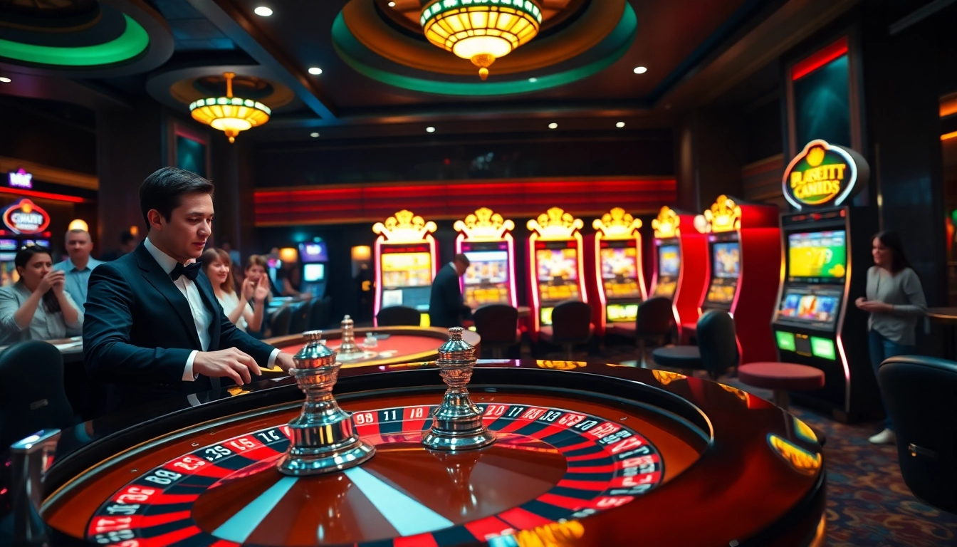 Experience the thrill of CM88 at a bustling casino with roulette, cheering players, and vibrant slot machines.