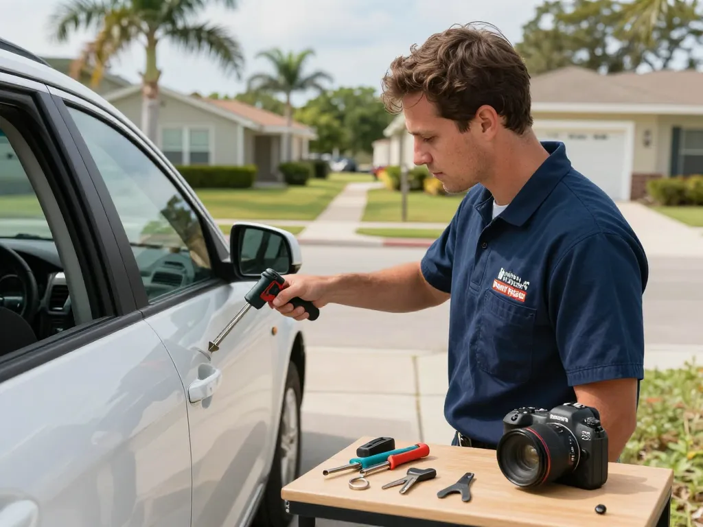 Reliable mobile locksmith Fort Pierce assisting with home lockout services in sunny residential area.