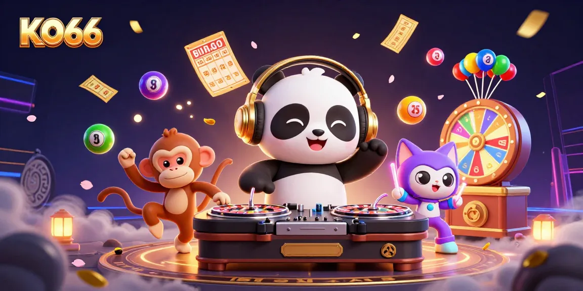Experience the excitement at KO66 with thrilling games, DJ Panda, and vibrant prize elements in a dynamic casino scene.