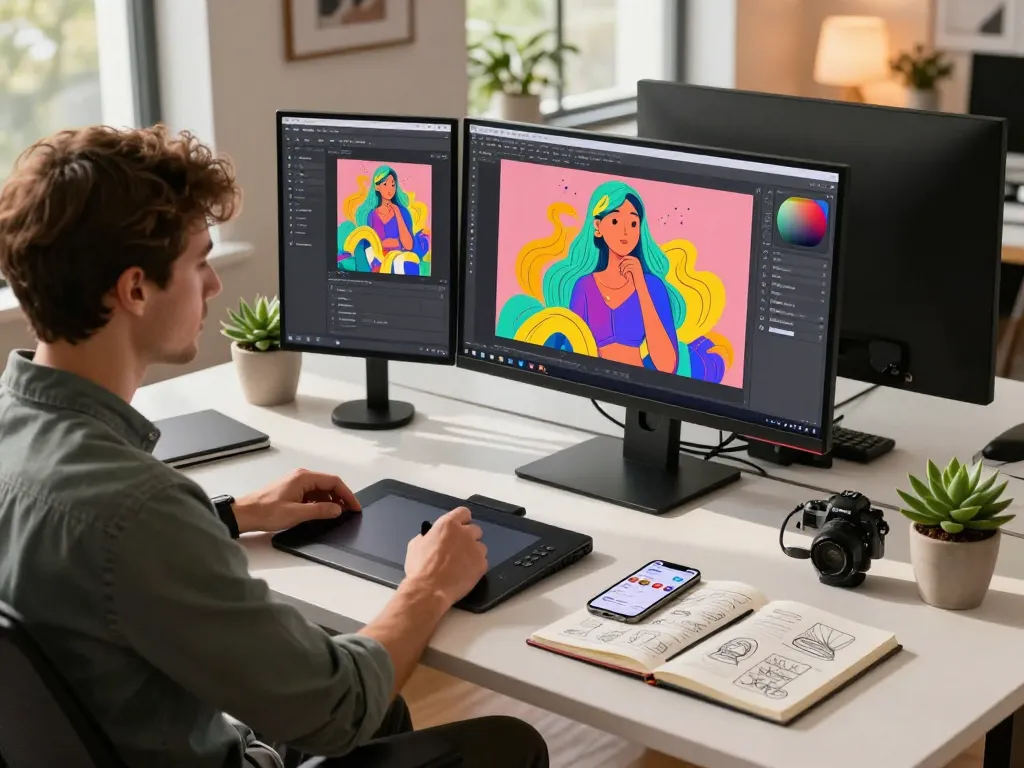 Creative designer using nano banana 2 AI editor in a modern workspace
