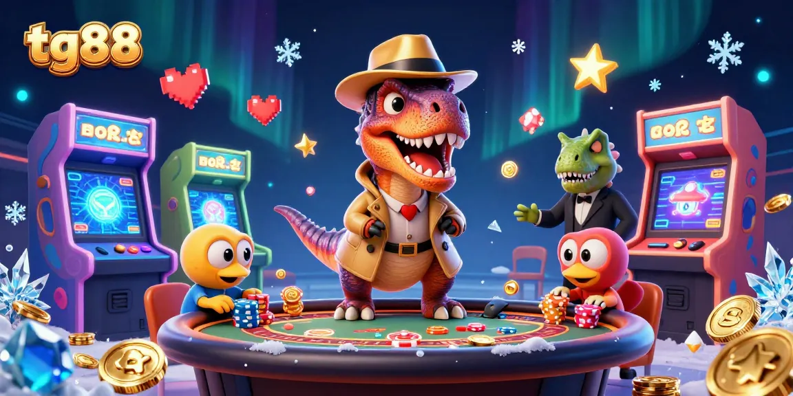Join the action at tg88 where cartoon dinosaurs delve into thrilling blackjack amidst vibrant gaming elements.
