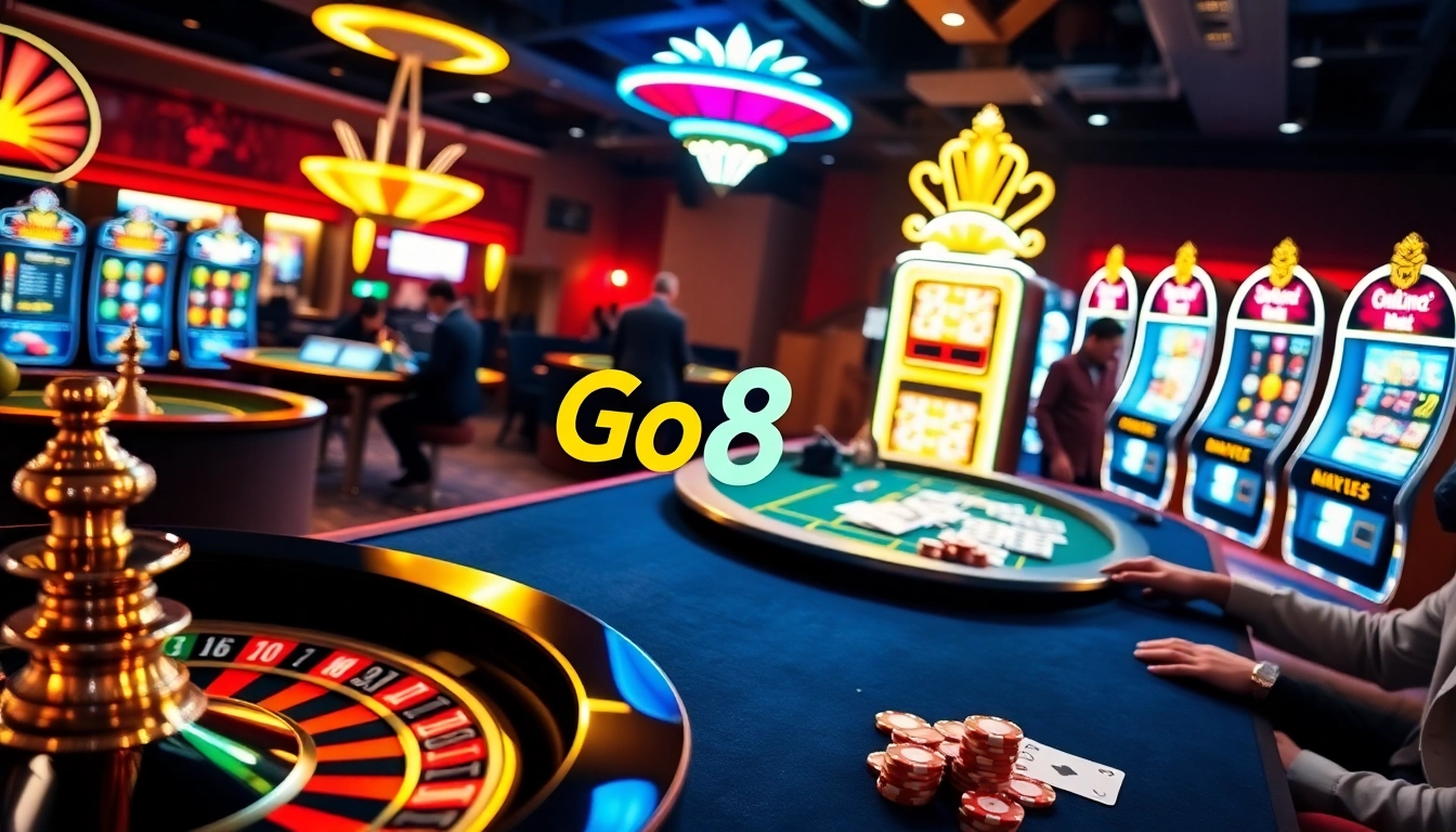 Engaging casino environment showcasing Go8 Link, vibrant slot machines, and players enjoying games.