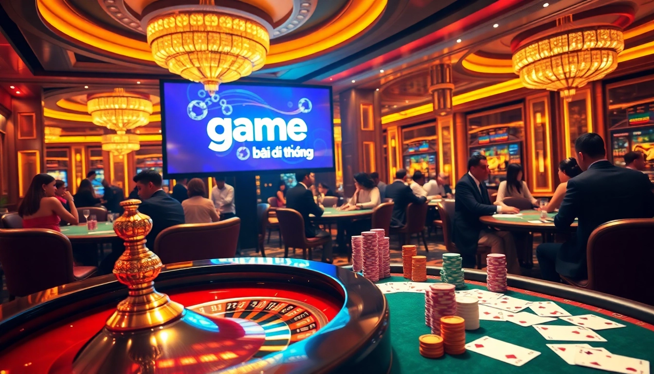 Experience the thrill of game bài đổi thưởng as players strategize at lively casino tables filled with poker chips and cards.
