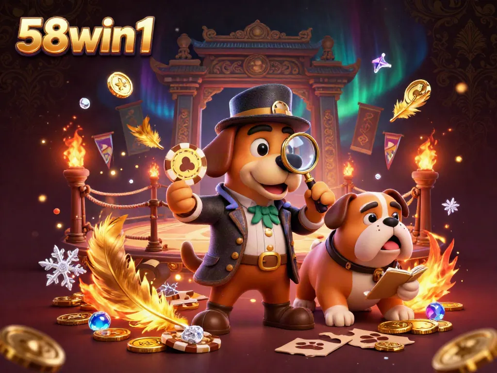 Experience thrilling wins with 58win1 as the detective unveils golden poker chip clues in a vibrant casino scene.
