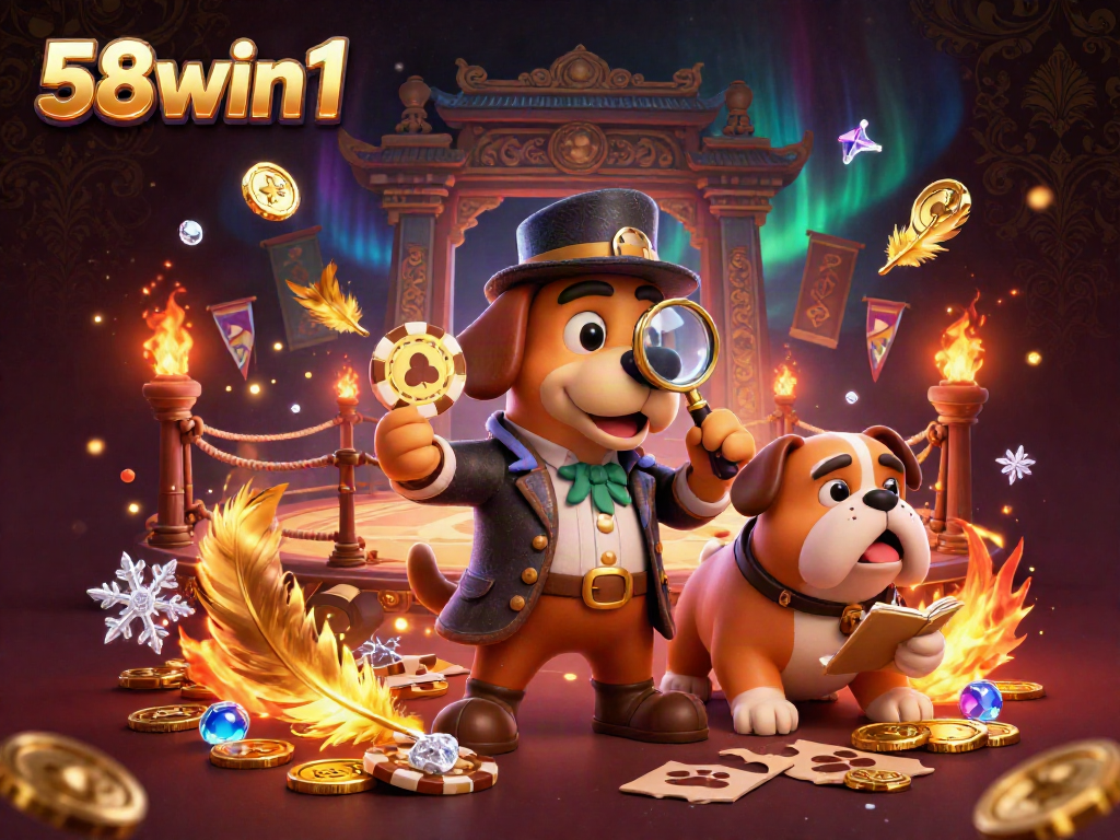 Experience thrilling wins with 58win1 as the detective unveils golden poker chip clues in a vibrant casino scene.