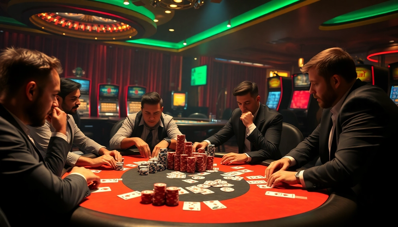 Players engaged in a thrilling poker game at Refuel Casino, showcasing high-stakes excitement.