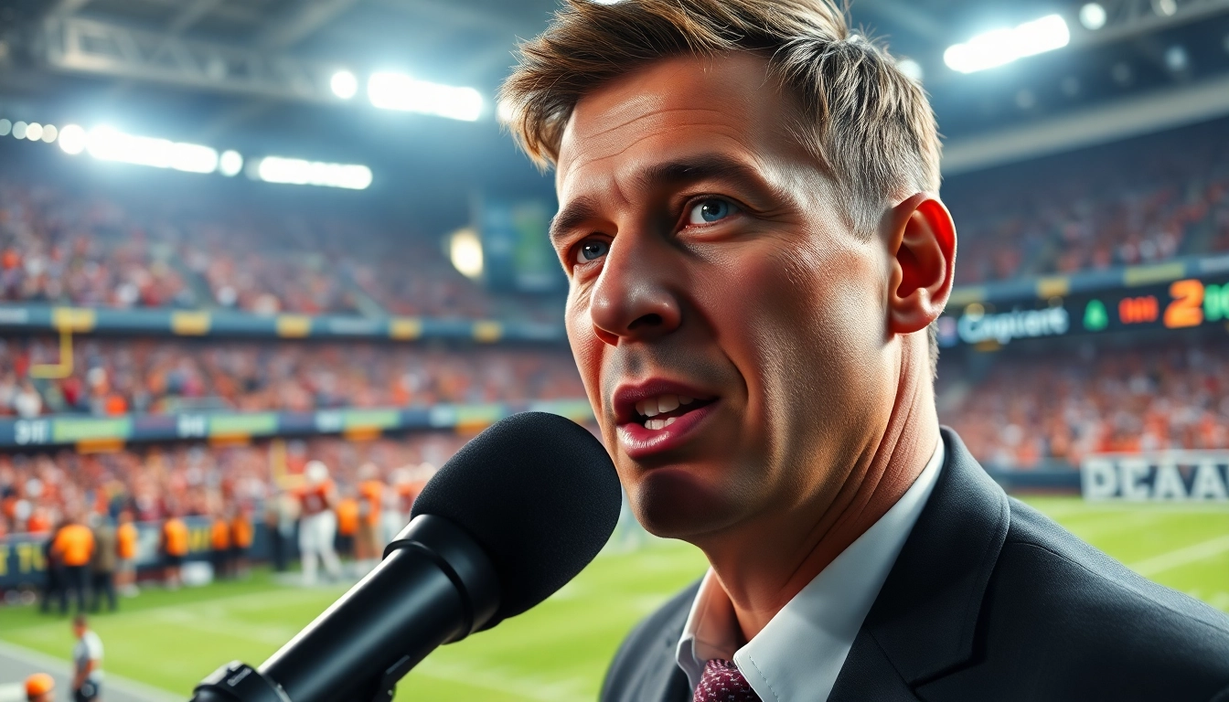 Sports Broadcasting live event with an enthusiastic announcer engaging a cheering crowd.