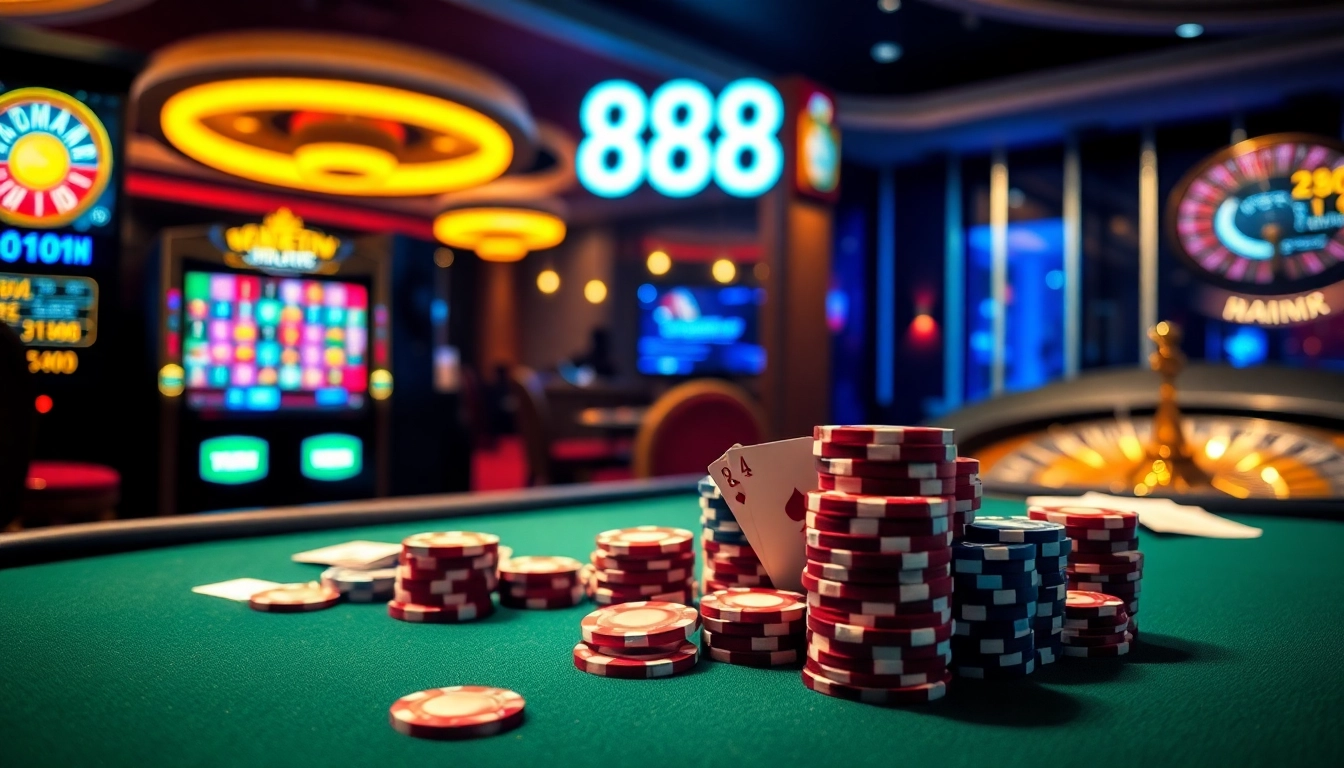 Poker game in an upscale casino featuring 88i poker chips and cards in play, exuding excitement and luxury.