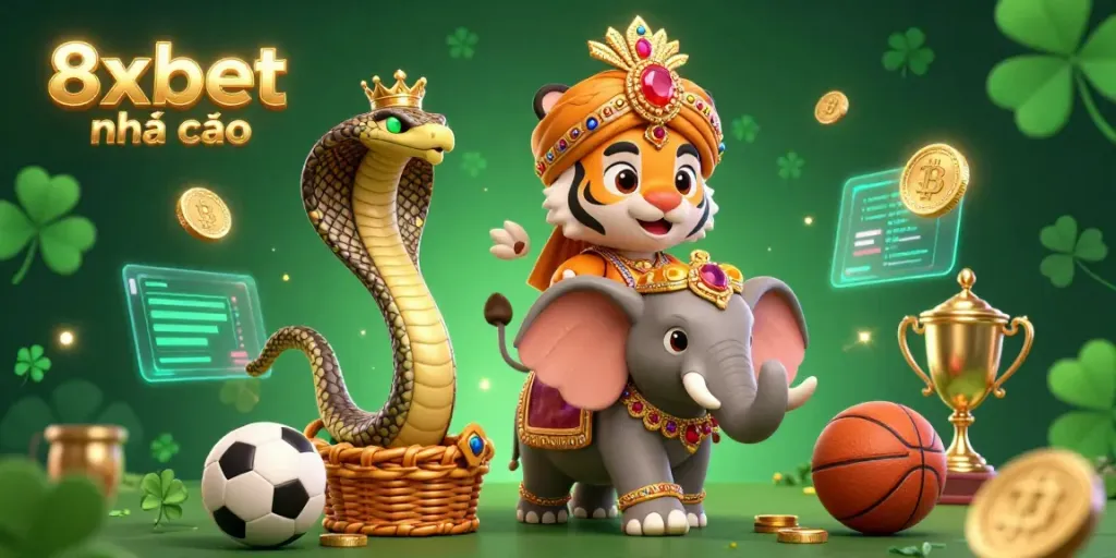 Experience the thrill of 8xbet nhà cái in a dynamic 3D scene featuring a maharaja tiger, a jewel elephant, and sports elements.
