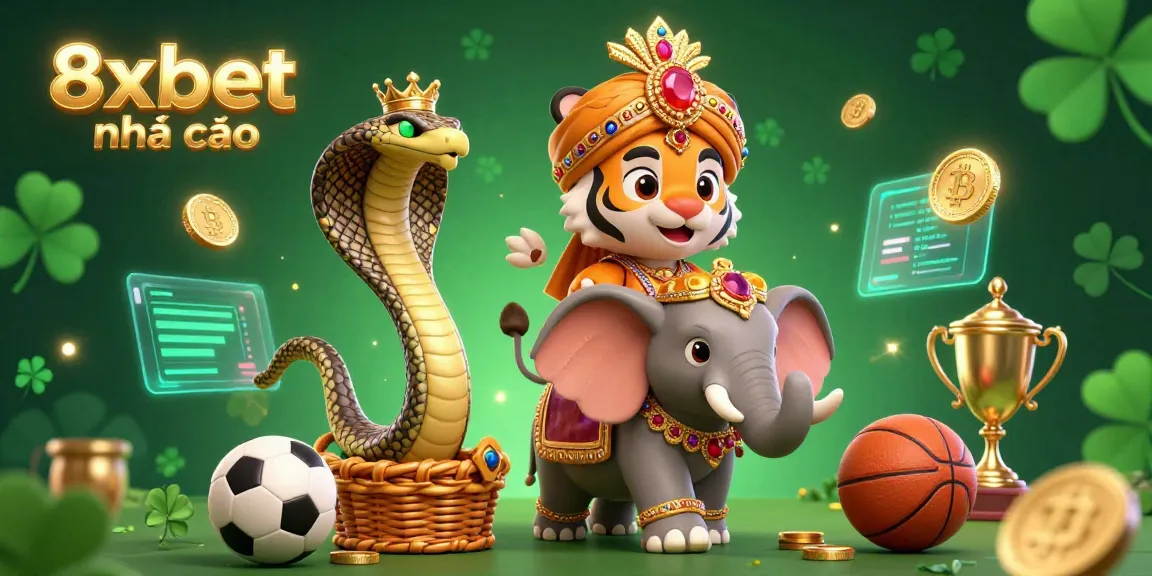 Experience the thrill of 8xbet nhà cái in a dynamic 3D scene featuring a maharaja tiger, a jewel elephant, and sports elements.