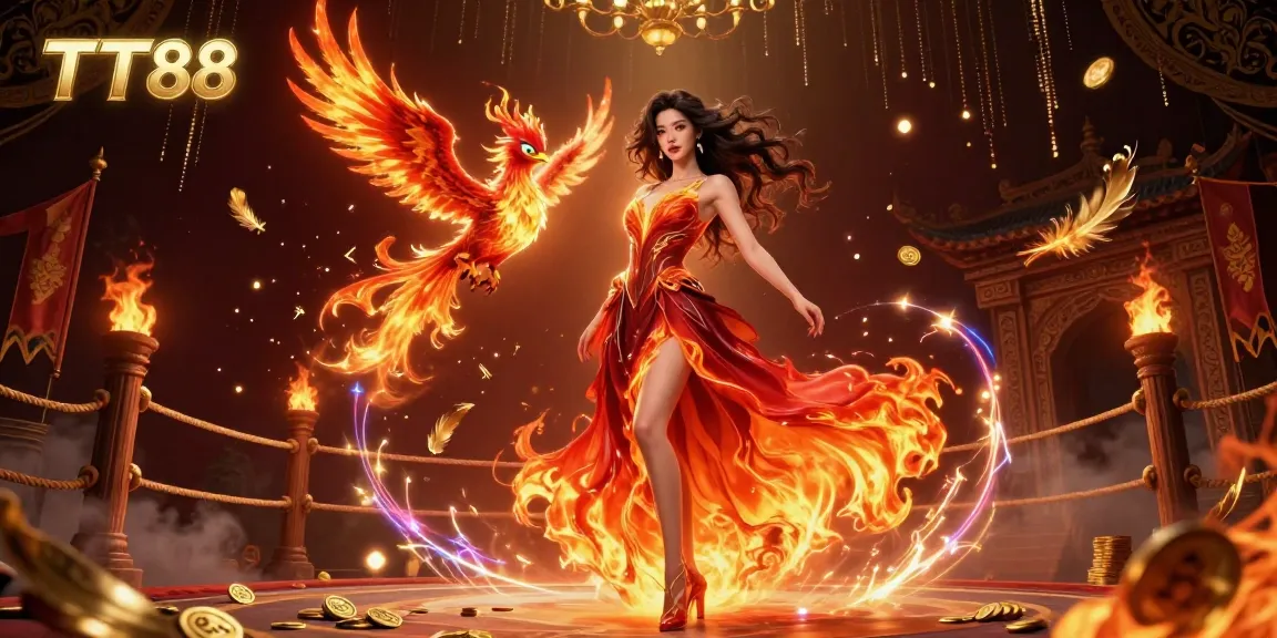 Engage with TT88 in a captivating 3D illustration featuring an Asian woman and a phoenix in a fiery setting.