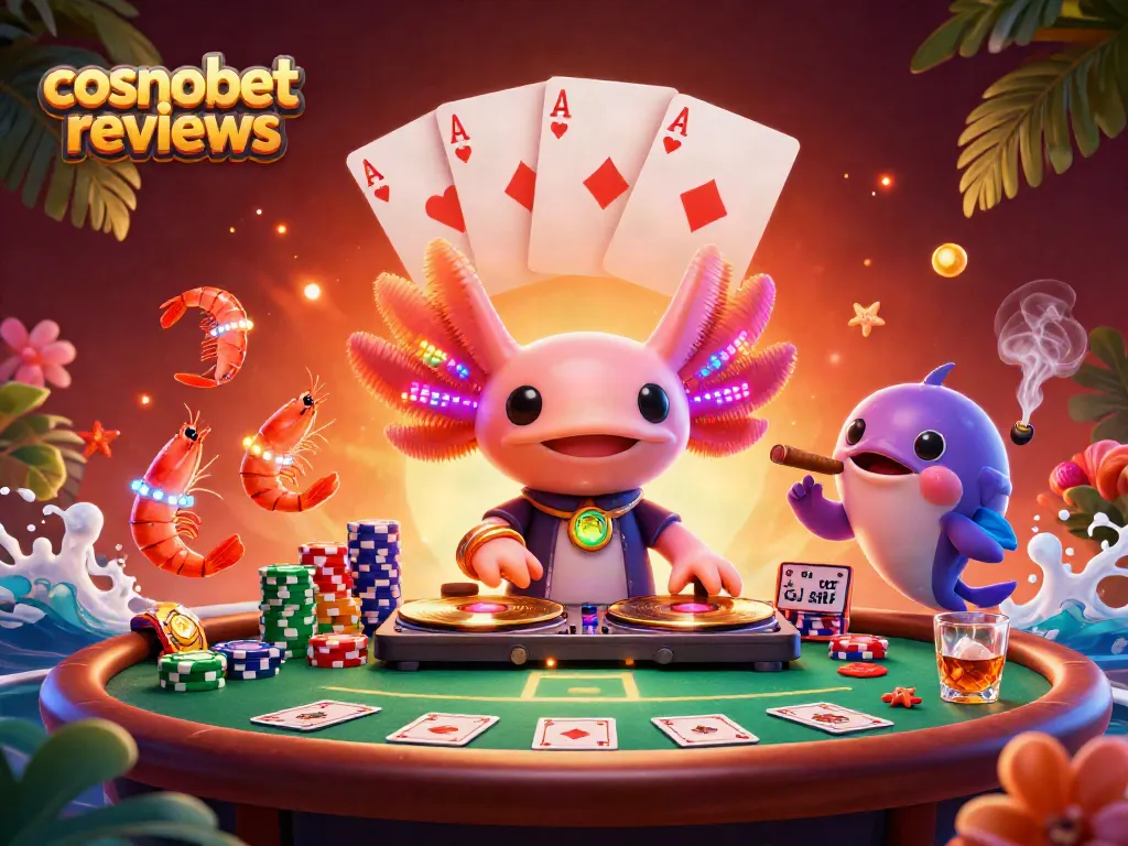 Engage with detailed Cosmobet reviews showcasing bright casino scene with dynamic characters.