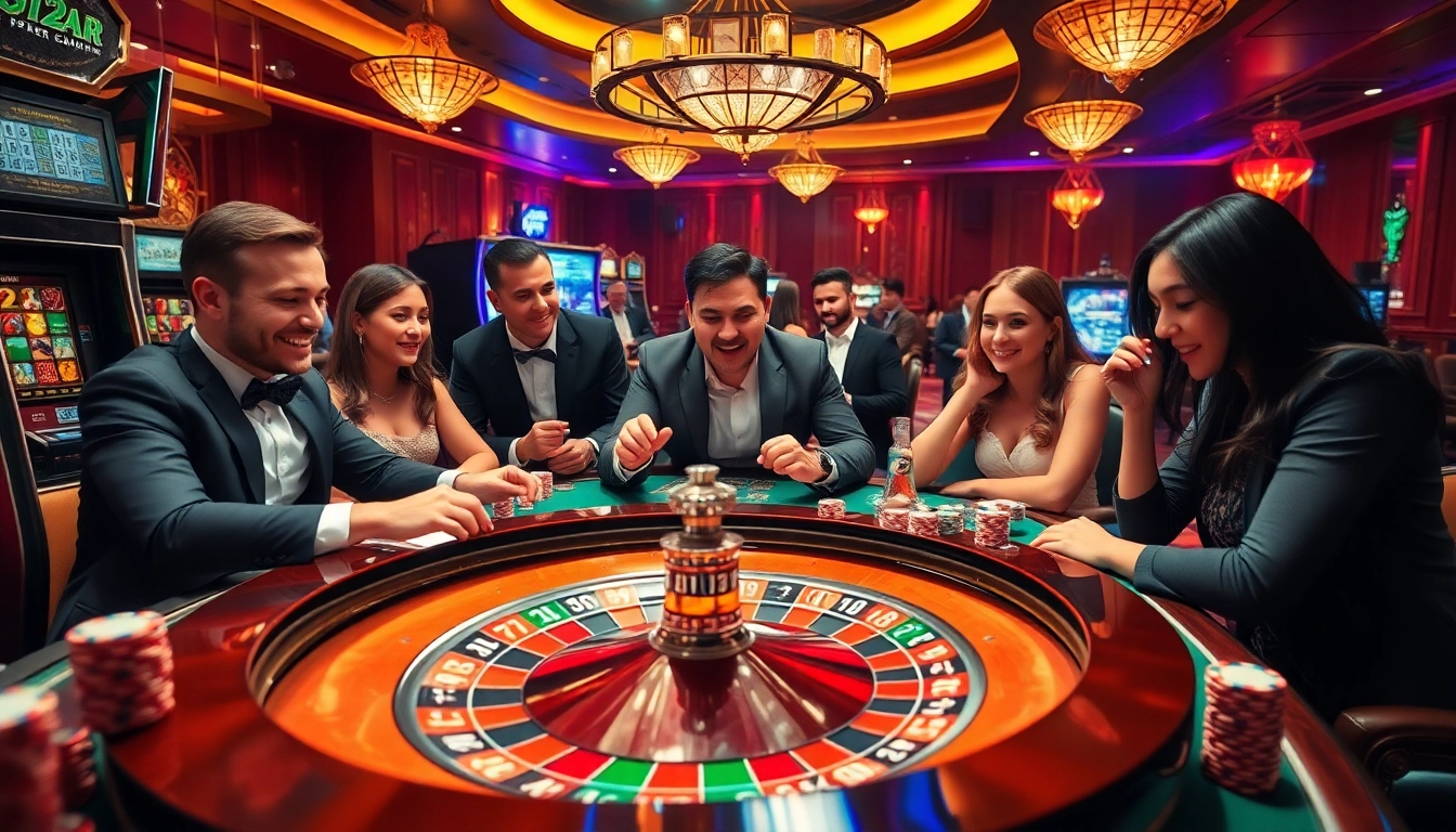 Engaged players strategizing around a roulette table featuring the keyword xo88t3 in vibrant casino environment.