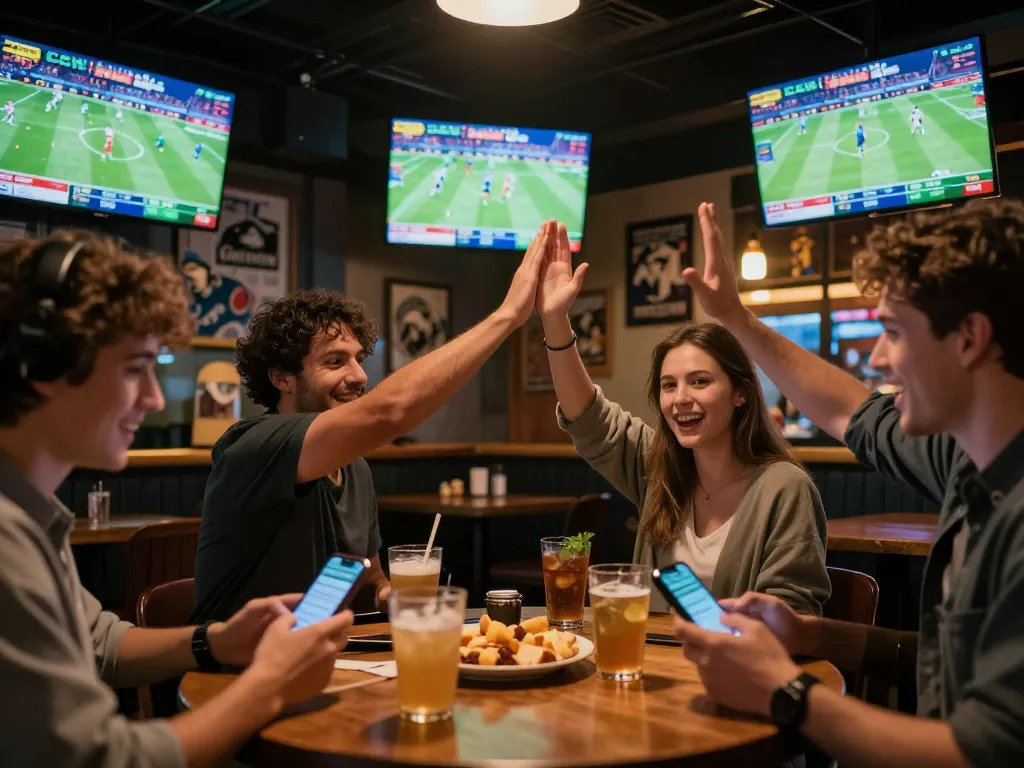 Patrons excitedly engaging in sports betting at Net88 sportsbook, smartphones in hand, ambient light enhancing the lively atmosphere.