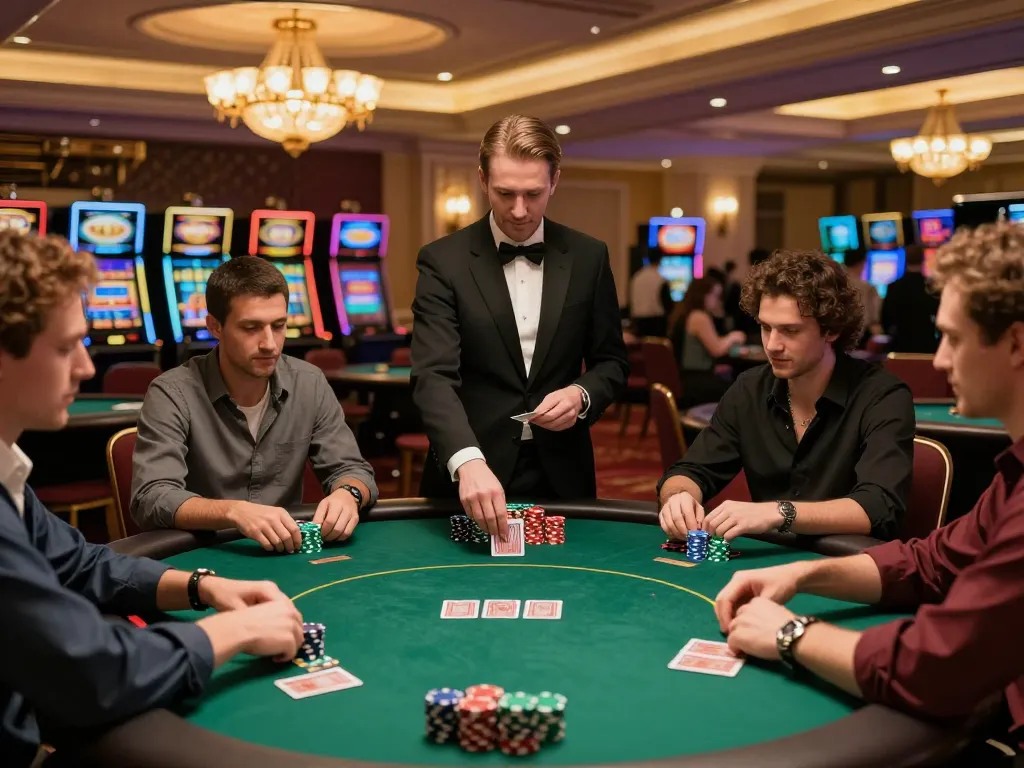 LUCKYWIN poker game in luxurious casino, players strategizing with cards and chips
