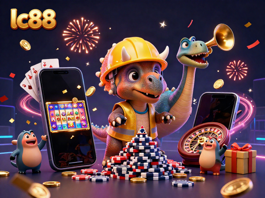 Experience the excitement of lc88 with a cartoon triceratops building poker chips amidst a vibrant casino celebration.
