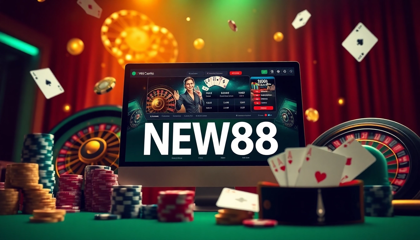 Engaging gambling scene with NEW88 branding featuring casino elements like chips and roulette.