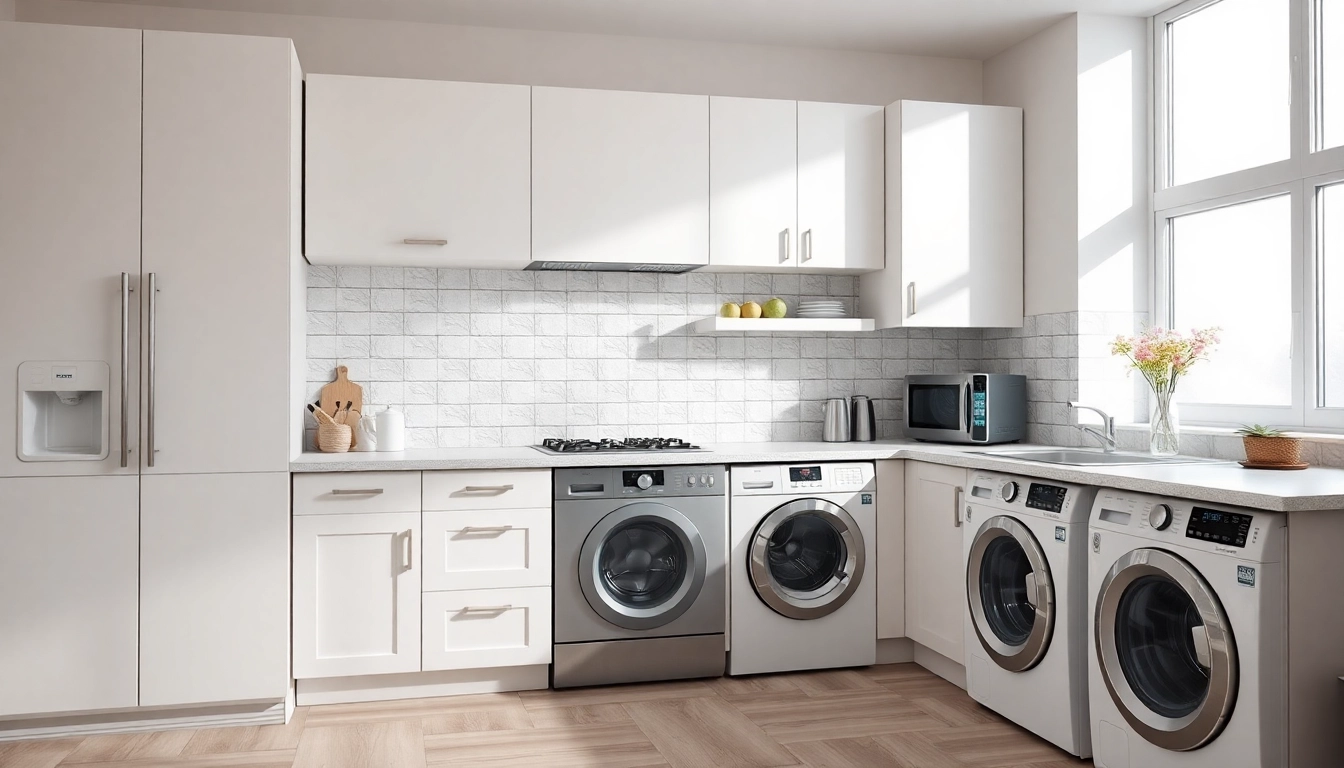 Showcase бяла техника with modern dishwashers and washing machines, perfect for a contemporary kitchen.