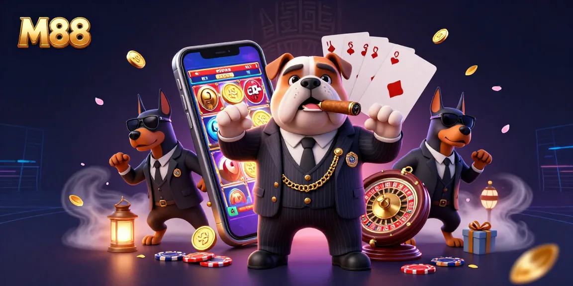 Experience thrilling gaming action at M88 with a cartoon mafia boss and exciting casino elements.