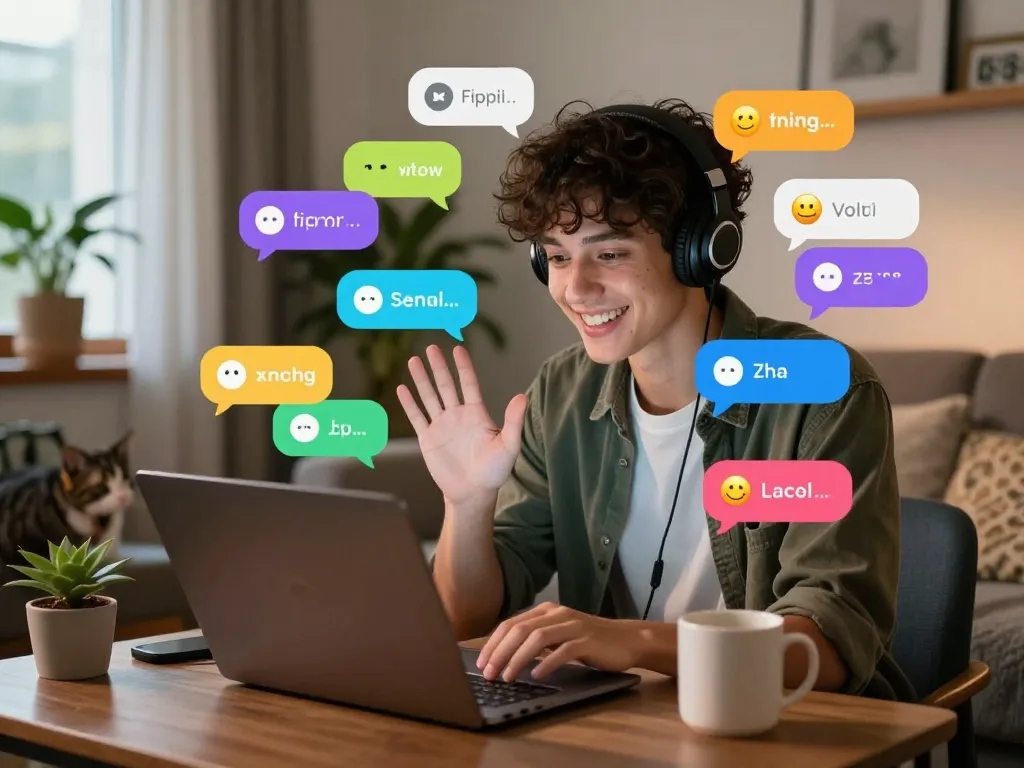 Engaging in a spicy chat online in a cozy living room with colorful digital chat bubbles.