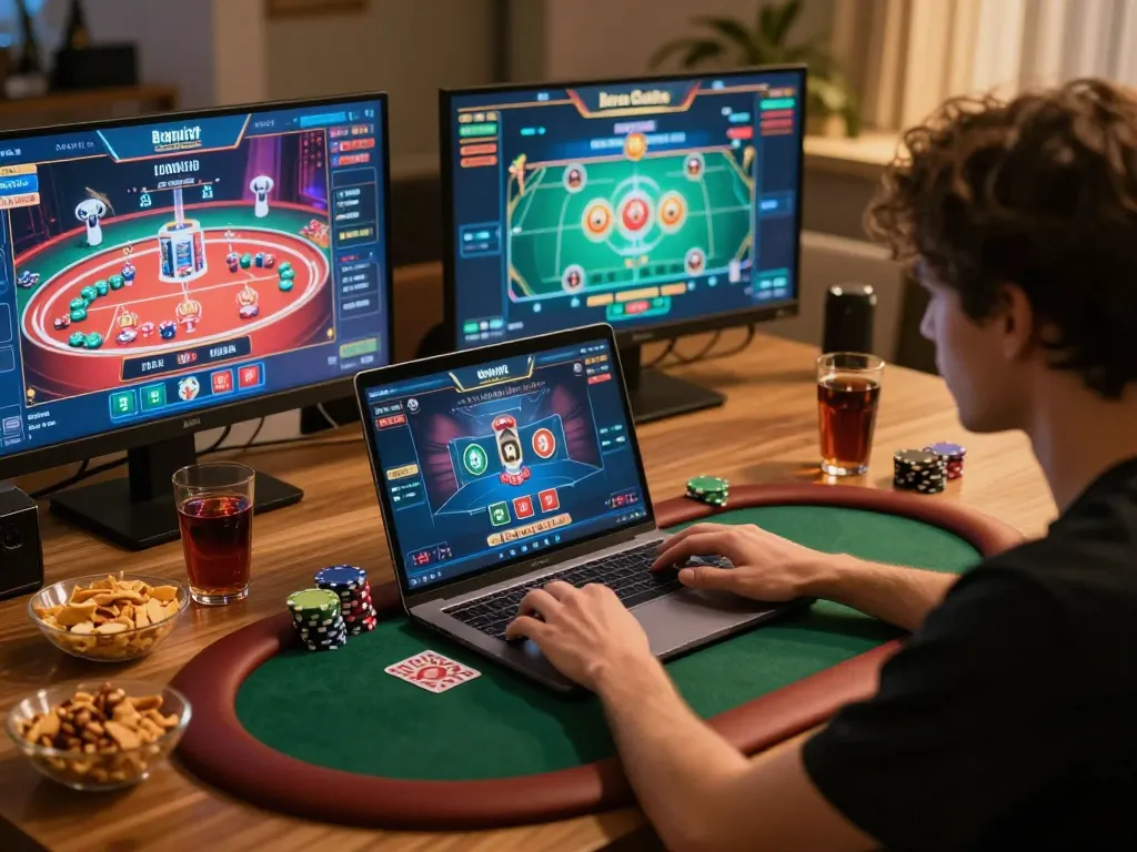 tg 88 player strategizing and enjoying online poker at home with multiple screens.