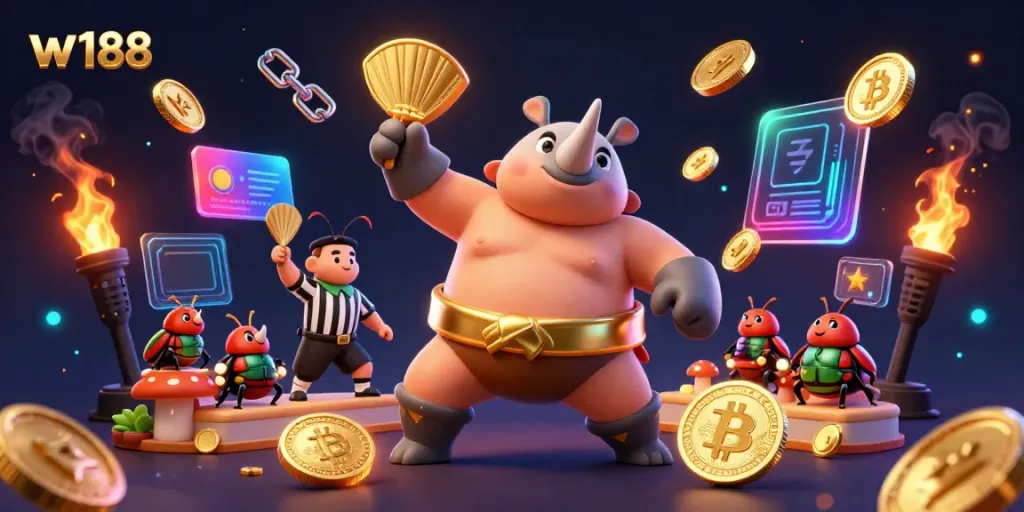 Experience thrilling gameplay at w188 with an action-packed casino scene featuring vibrant characters and elements.