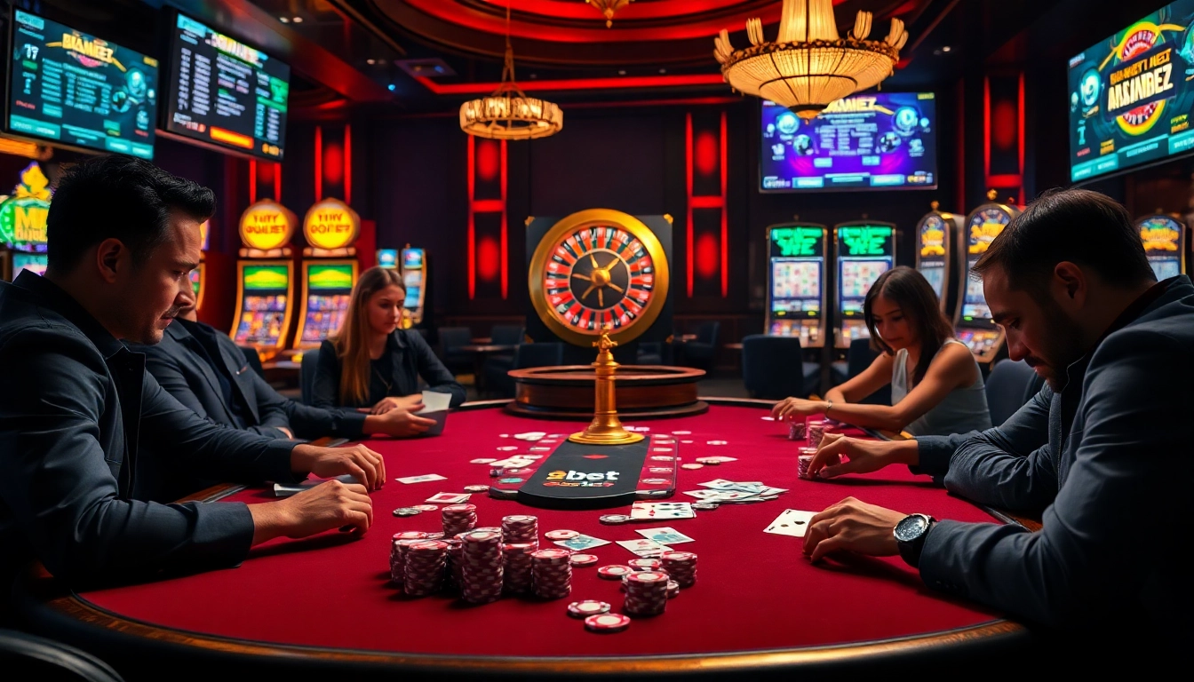 Players engage in a thrilling poker game at 89bet's luxurious casino, surrounded by chips and cards.