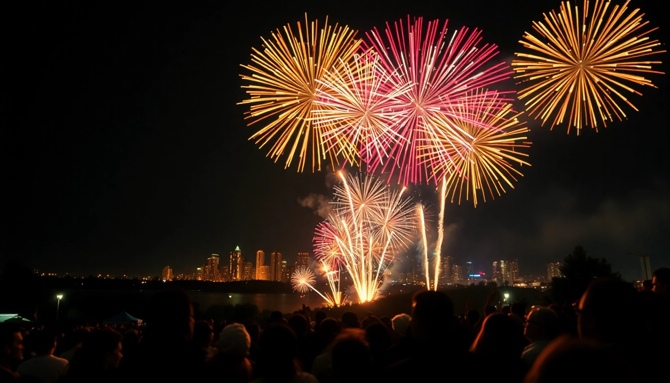 Enjoy dazzling fireworks UK display lighting up the night sky over a city skyline.