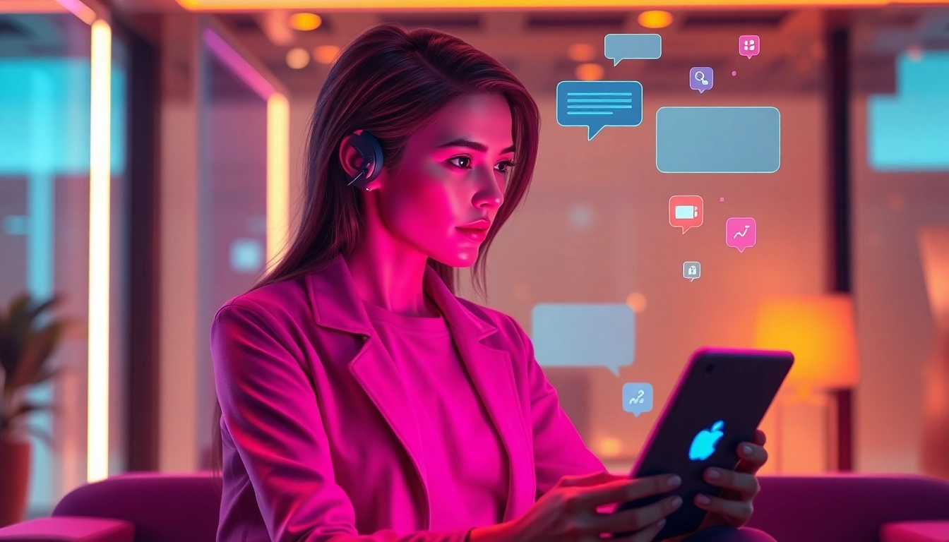 Engaging ai sexchat experience between a user and a realistic AI character in a futuristic chat interface.